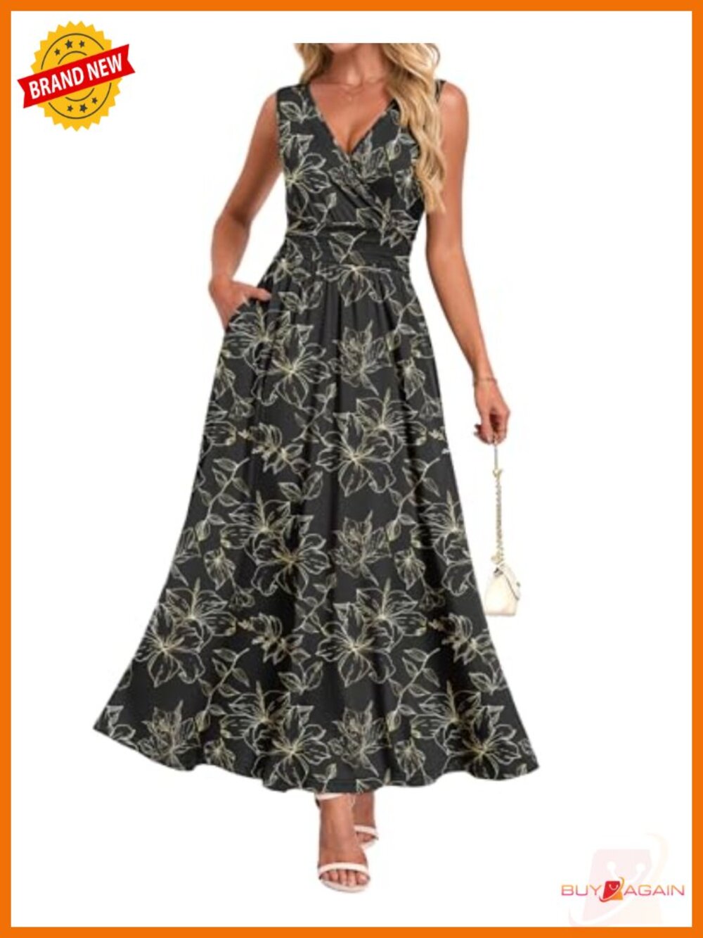 Sleeveless V Neck Smocked Maxi Dress with Pockets